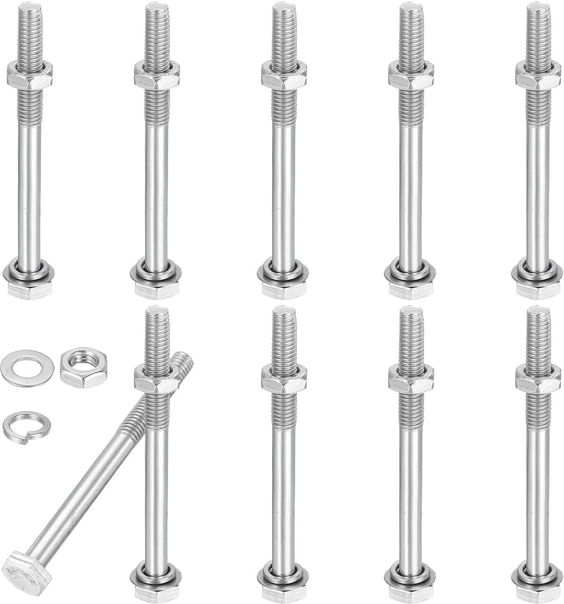 M8 x 90 mm zeskantschroeven met moeren, platte veerringen, 10 set roestvrijstalen zeskantschroeven, gedeeltelijke schroefdraad, metrische schroeven, assortiment kit