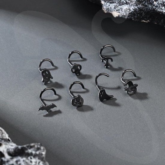 15 stuks roestvrij staal zwarte kurkentrekker neus stud, 20G Halloween kurkentrekker neusringen studs L-vormige neusringen spook schedel vleermuis neuspiercing sieraden voor vrouwen mannen — afbeelding 4