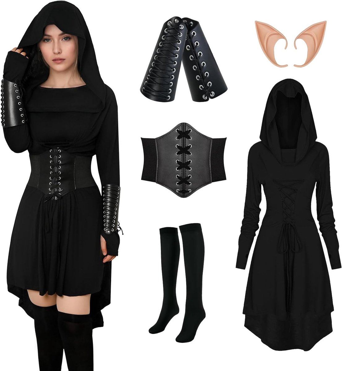 Kleding voor dames, gothic jurk, renaissance, capuchonjurk voor dames, met korset, armbeschermers, kousen, elfenoren voor carnaval, Halloween, feestjes