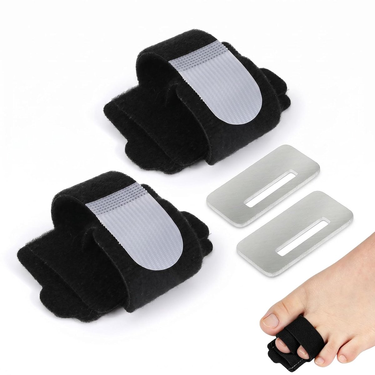 Teencorrectiespalk, 2 stuks, zwart, eenheidsmaat, hamerteenbescherming, met aluminium houder, verstelbaar door klittenband, ademend, uniseks, voor hallux valgus en paardrijdende teen