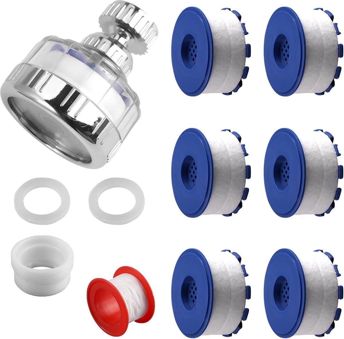 Waterfilterkraan met 6 stuks PP-katoenen filterelement | waterwaterfilterelement, waterwaterfilter, transparant, 360° draaibaar, voor gootsteen, keuken, badkamer