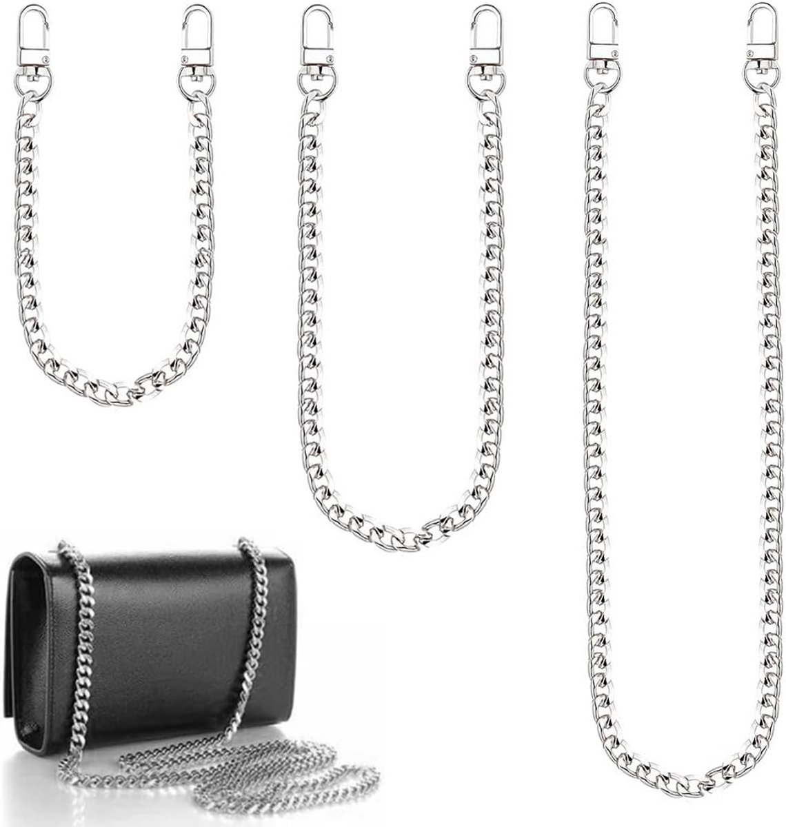 3-delige kettingset voor handtassen van metaal, schouderriem voor tassen, reserveriemen, voor portemonnee met gespen, 40/60/120 cm, Zilver, 40 cm, 60 cm, 120 cm