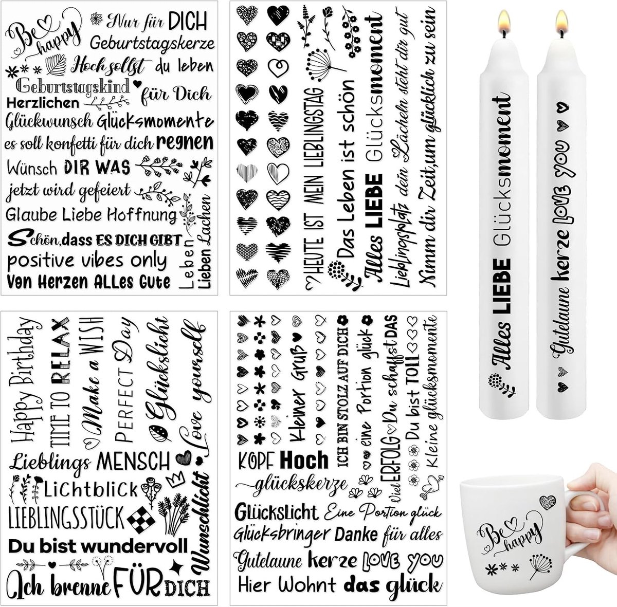 On Stickers voor verjaardag, 4 stuks, Easy Rub Ons folie, spreuken voor Raysin Keraflott meubels, glas, hout, rub-on transferstickers, doe-het-zelf decoratie, Happy Birthday