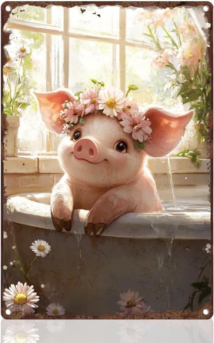 Leuk Piggy Retro Muur Decor Metalen Tinnen Bord 20 x 30 cm Roze Varken Zwemmen Vintage Dier Wall Art Poster voor Badkamer Toilet Thuis Clubs Decor Gift