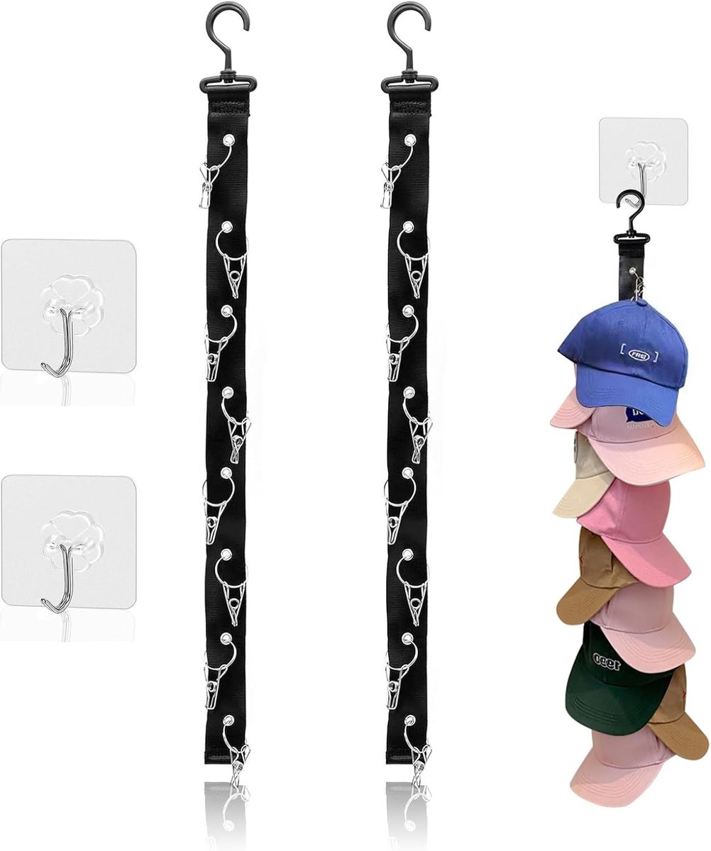 2 stuks kaphouders, praktische kaphouder voor aan de muur hangende kaphouders met 8 clips, houder met 2, opslag voor baskenmuts, zonnehoed, basecap