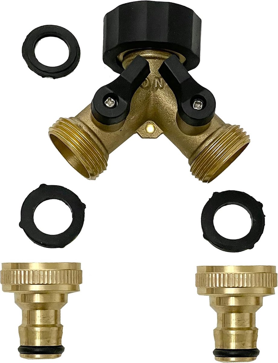 2-weg Y-verdeler 3/4 inch met afsluitkranen, ventiel voor tuinslang van messing. GA436