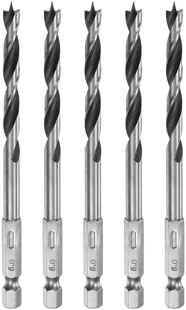 Boor Brad Point 5 stuks 6 mm (15/64 inch) diameter stalen lager 1/4 inch zeskantboor hout werklengte 2,13 inch spiraalboorgereedschap voor houtbewerking