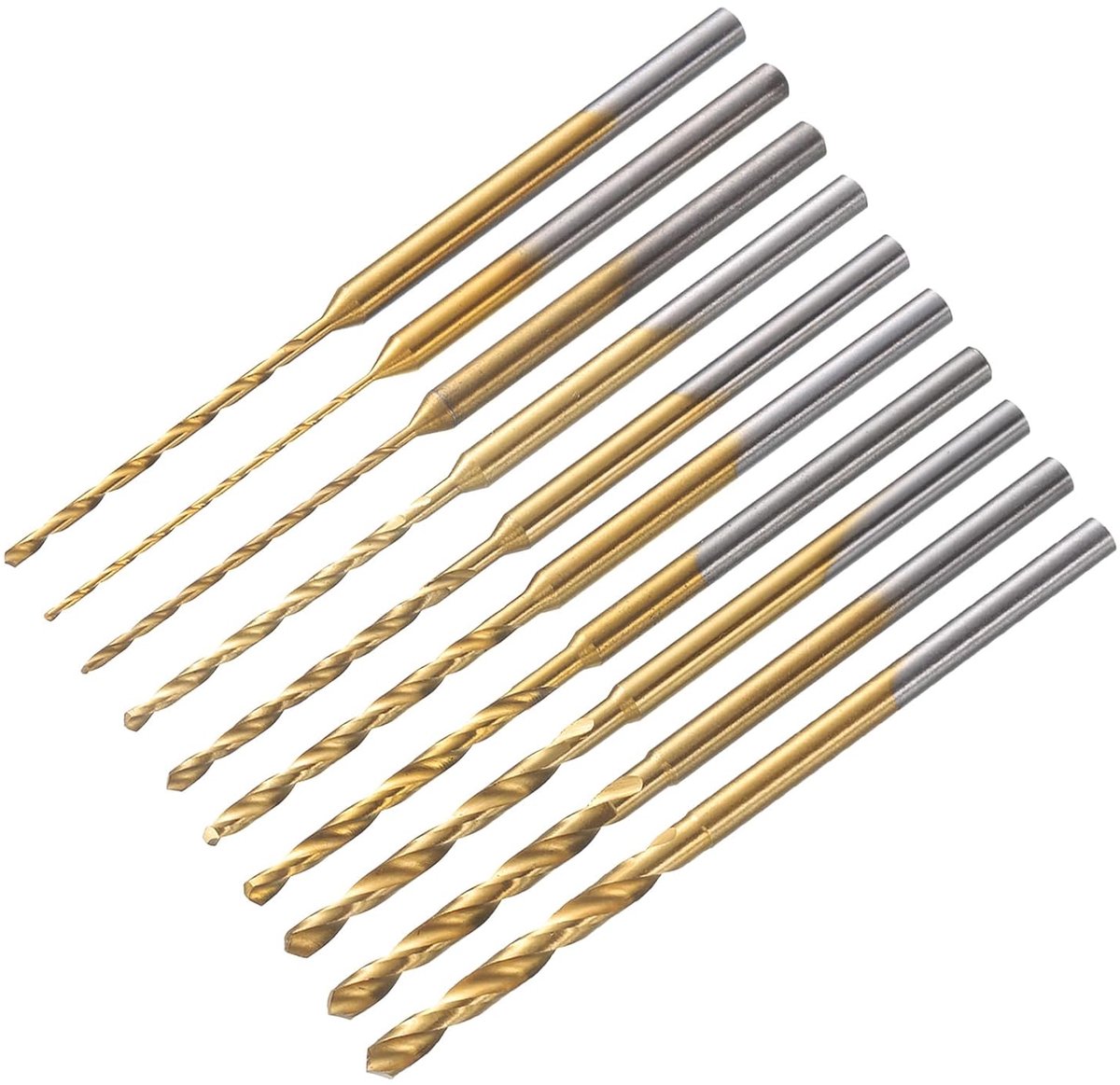 10 stuks mini-spiraalboorset, 0,6/0,9/1/1,1/1,25/1,5/1,6/1,75/1,95/2,2 mm diameter, micrograveerboor, hogesnelheidsstaal, schacht van 2,35 mm, titanium gecoat, voor doe-het-zelf hars