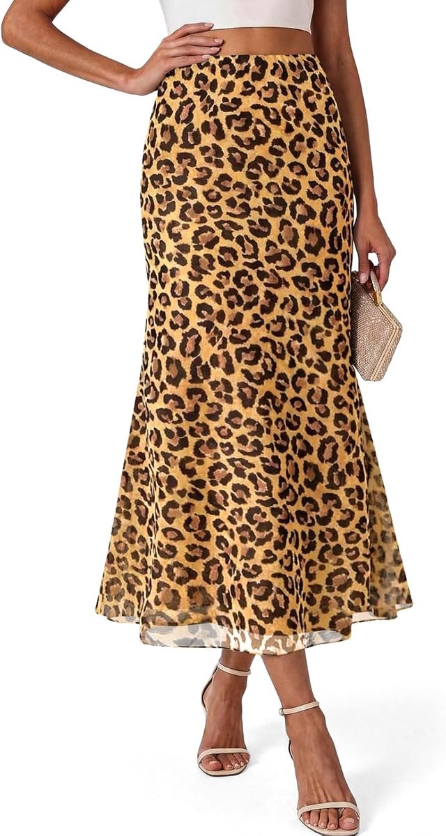 Lange rok met bloemen, A-lijn, luipaard, elastische hoge taille, casual rok met stippen