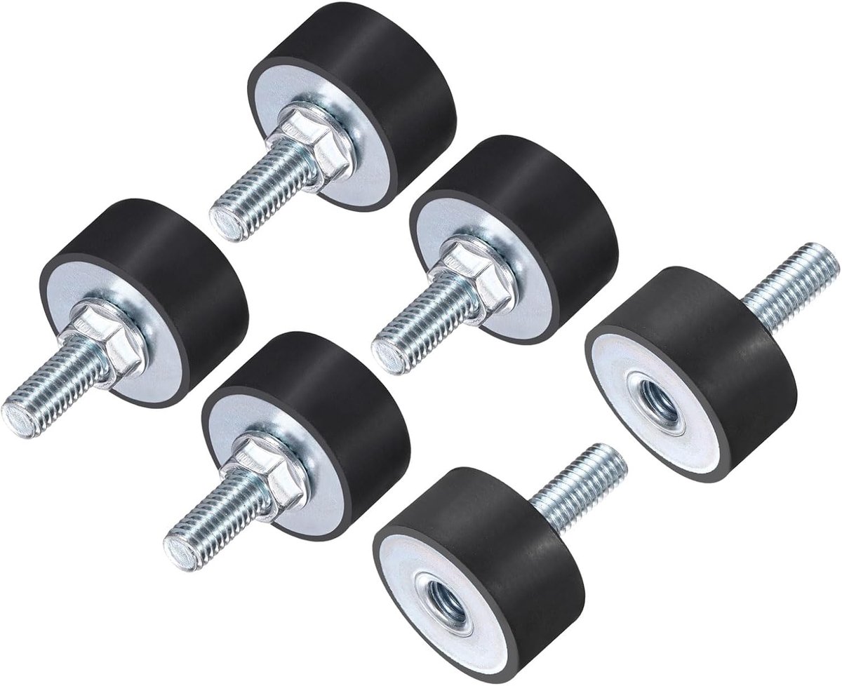6 stuks rubberen isolatoren M8 x 23 mm met pin 30 x 15 mm mannelijk vrouwelijk schokdemper trillingen verzinkt cilindrische houders met schroefdraad met 6 stuks remmoeren M8
