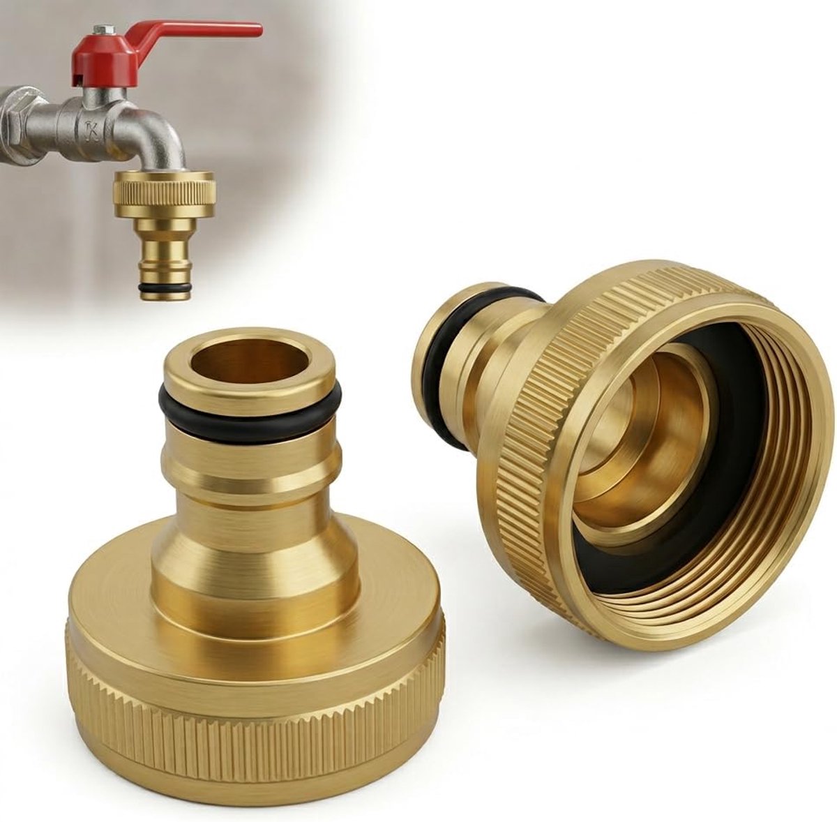 2 x kraanaansluiting 1 inch, messing adapter compatibel met Gardena | binnendraad met O-ringen, gekarteld oppervlak, voor sproeikoppen, douches en irrigatieapparaten