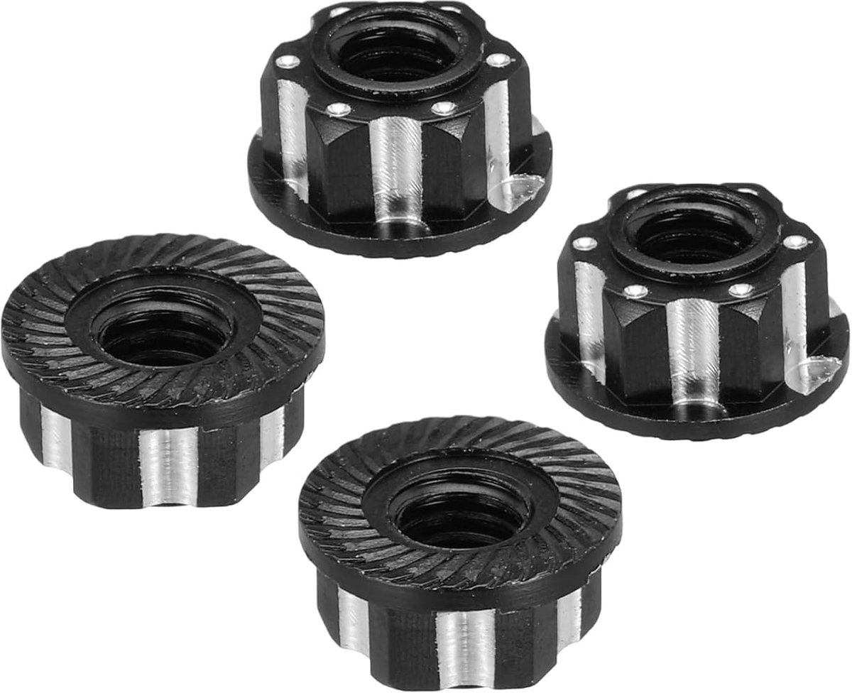 sourcing map Zeskantmoeren van aluminium M4 RC wielmoeren, stofdicht, antislip montagekap voor 1/10 RC modelauto, vrachtwagen, terreinwagen, verbeterde onderdelen, verpakking van 4 (zwart)