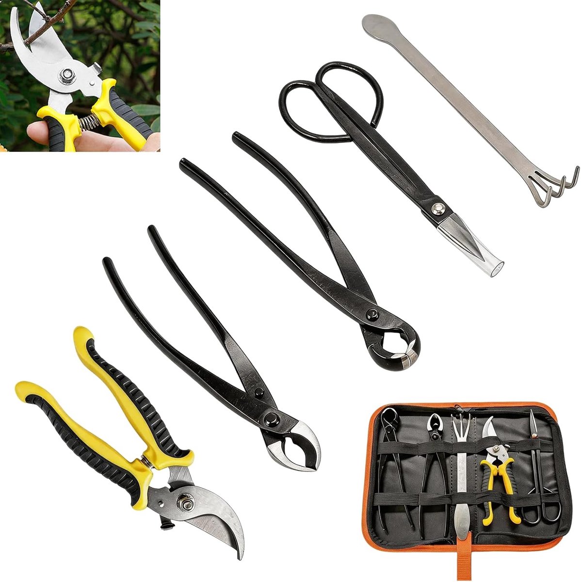 6-delige bonsai-gereedschapsset, professionele bonsaischaarset inclusief takkenschaar, bladschaar, concave tang, bonsaihark en opbergtas, koolstofstaal, tuingereedschap voor bonsaiverzorging