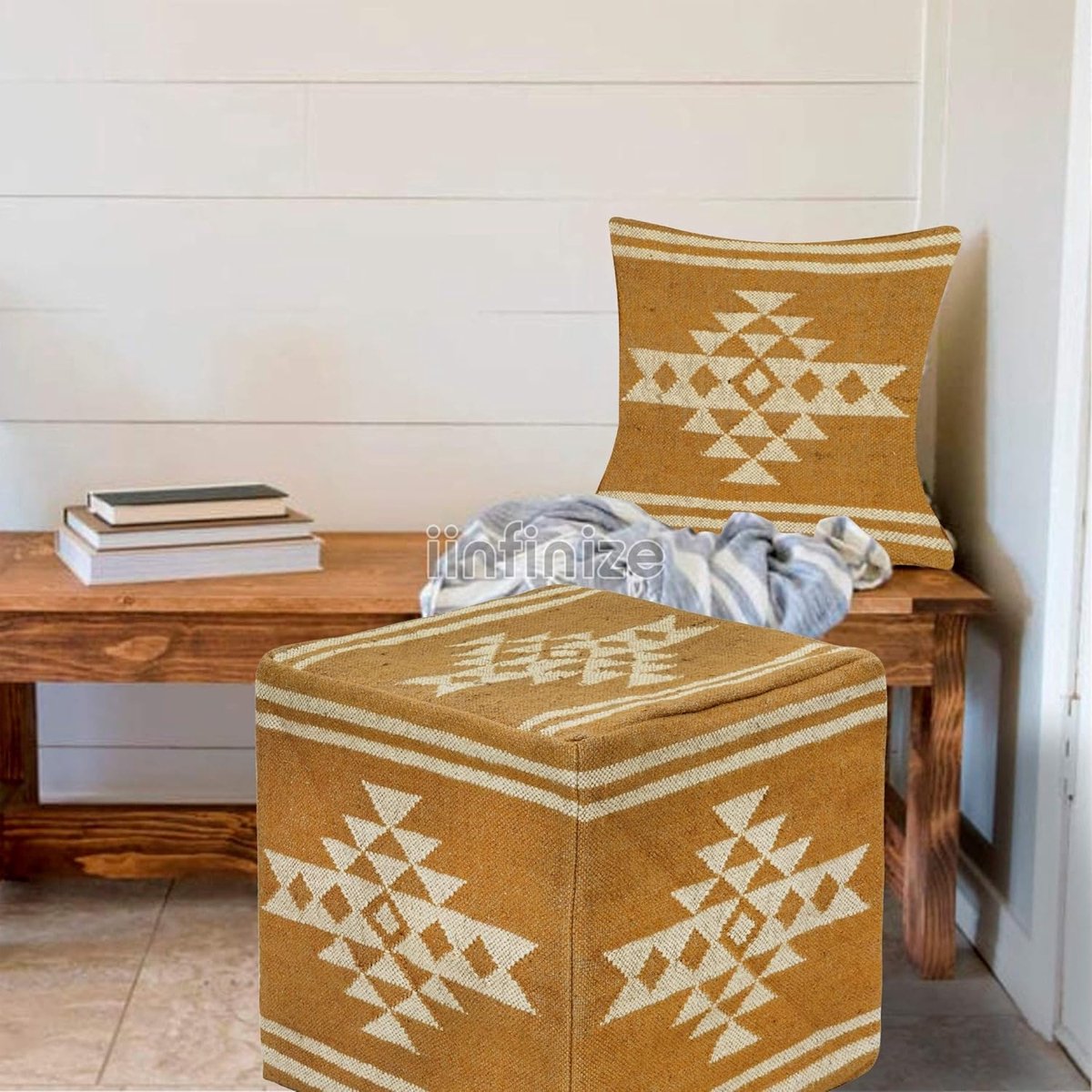 Ottoman Pouf Cover 45x45 cm - Handgeweven Wol Jute - Bohemian Stijl - Comfortabele Voetsteun - SnelShoppen