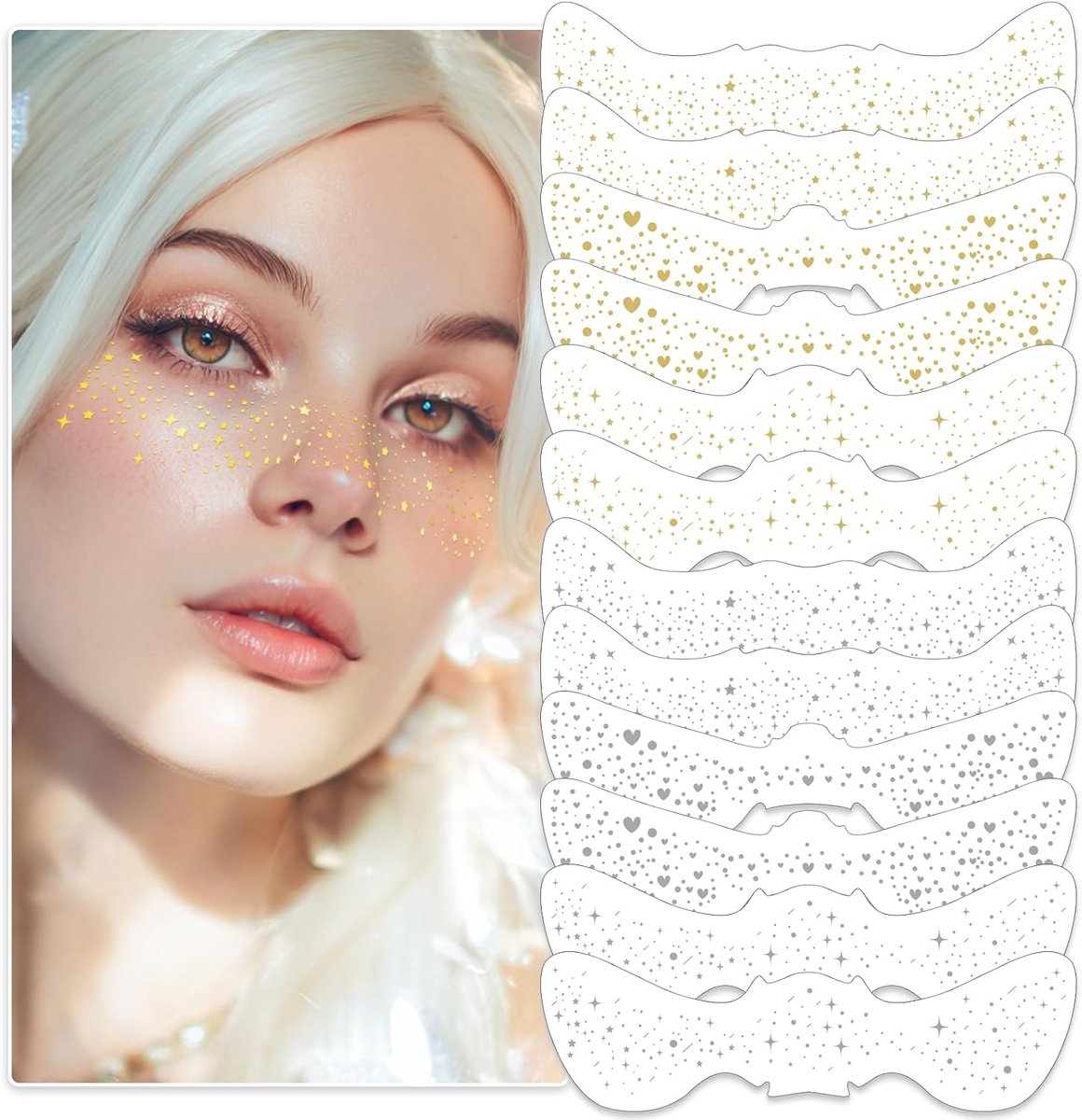 12 stuks glitter sproeten gezichtstatoeages, goud en zilver, waterdichte glitterpatches voor vrouwen, schattige sterren, metallic, glitter, tattoo-make-up-accessoires voor festivals en feestjes