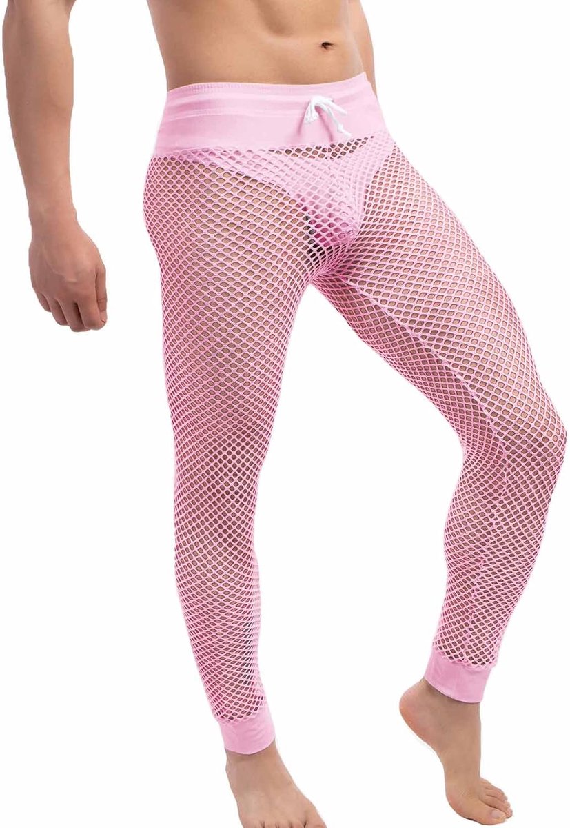Visnet broek voor heren, doorzichtige spierleggings, rekbare lange broek met trekkoord