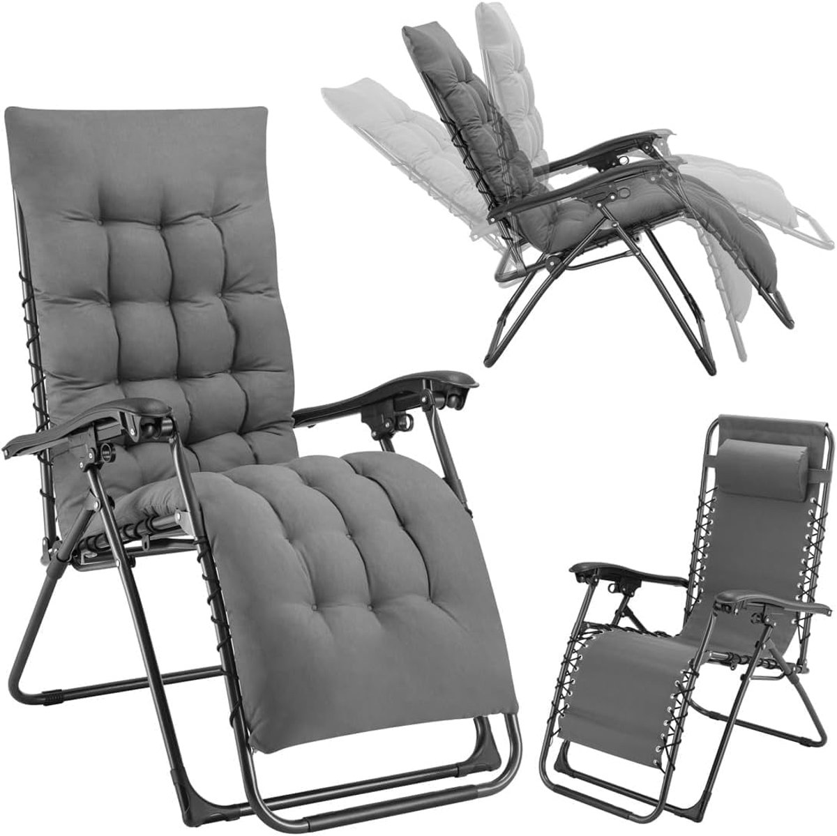 Dogan Gravity Zero Tuinstoel, ligstoel voor buiten, inklapbaar, ruimtebesparend, frame van metalen buis, kantelbaar, zitting van textileen zee, strand (grijs met kussen)