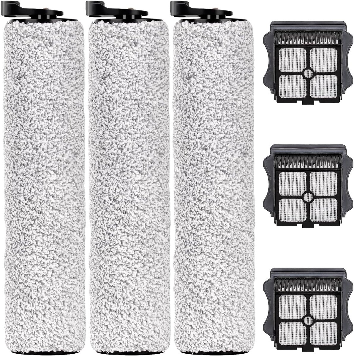 (6 Pakket) Floor One S3 Vervangende Borstelrollen en HEPA-filters voor Tineco Floor One S3, iFloor 3 Draadloze Nat Droog Stofzuiger, 3 Borstelrollen, 3 HEPA-filters, Accessoiresset