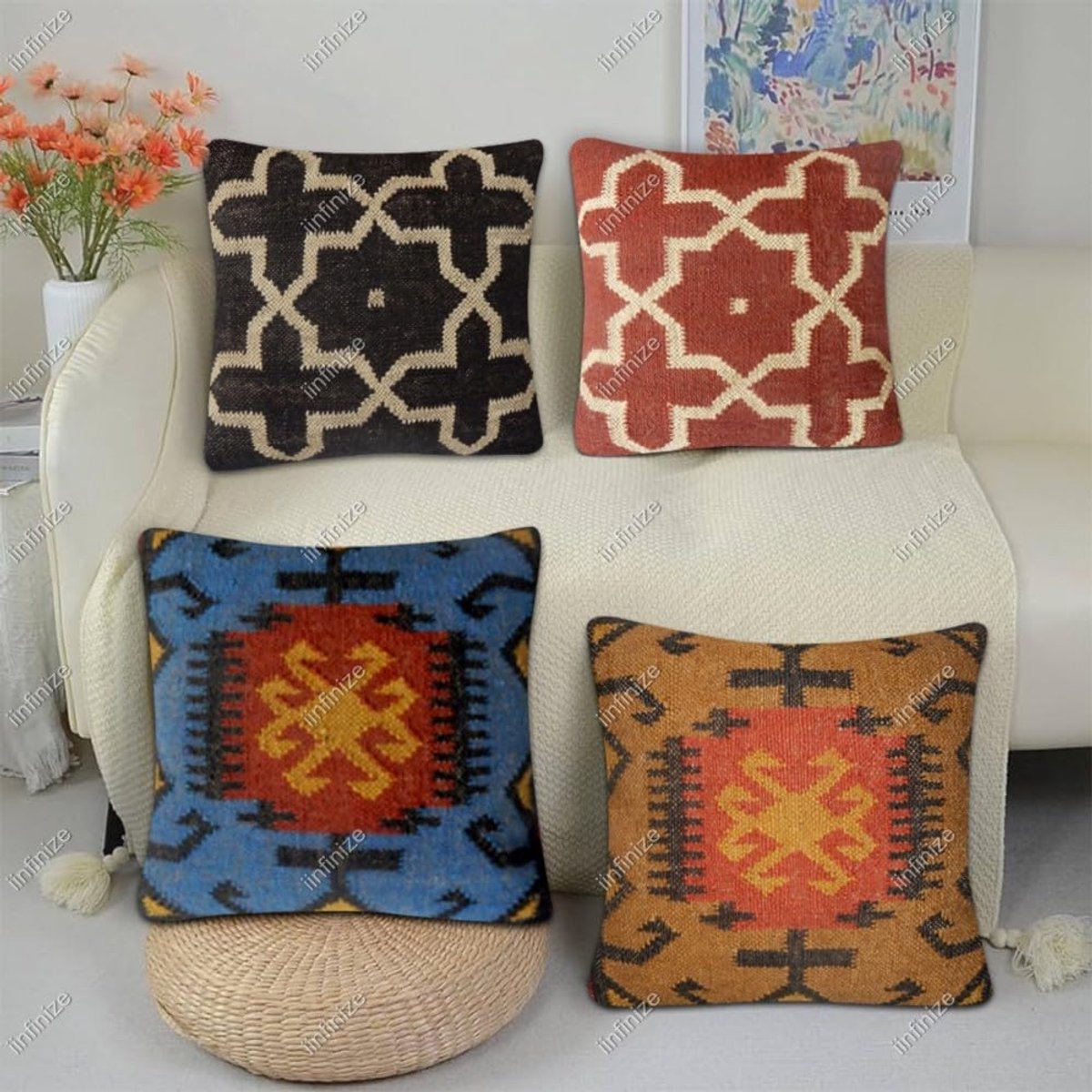 Kussenhoes 45x45 cm - Traditioneel jute - Etnische vintage kilim - Bohemian stijl voor binnen en buiten - SnelShoppen
