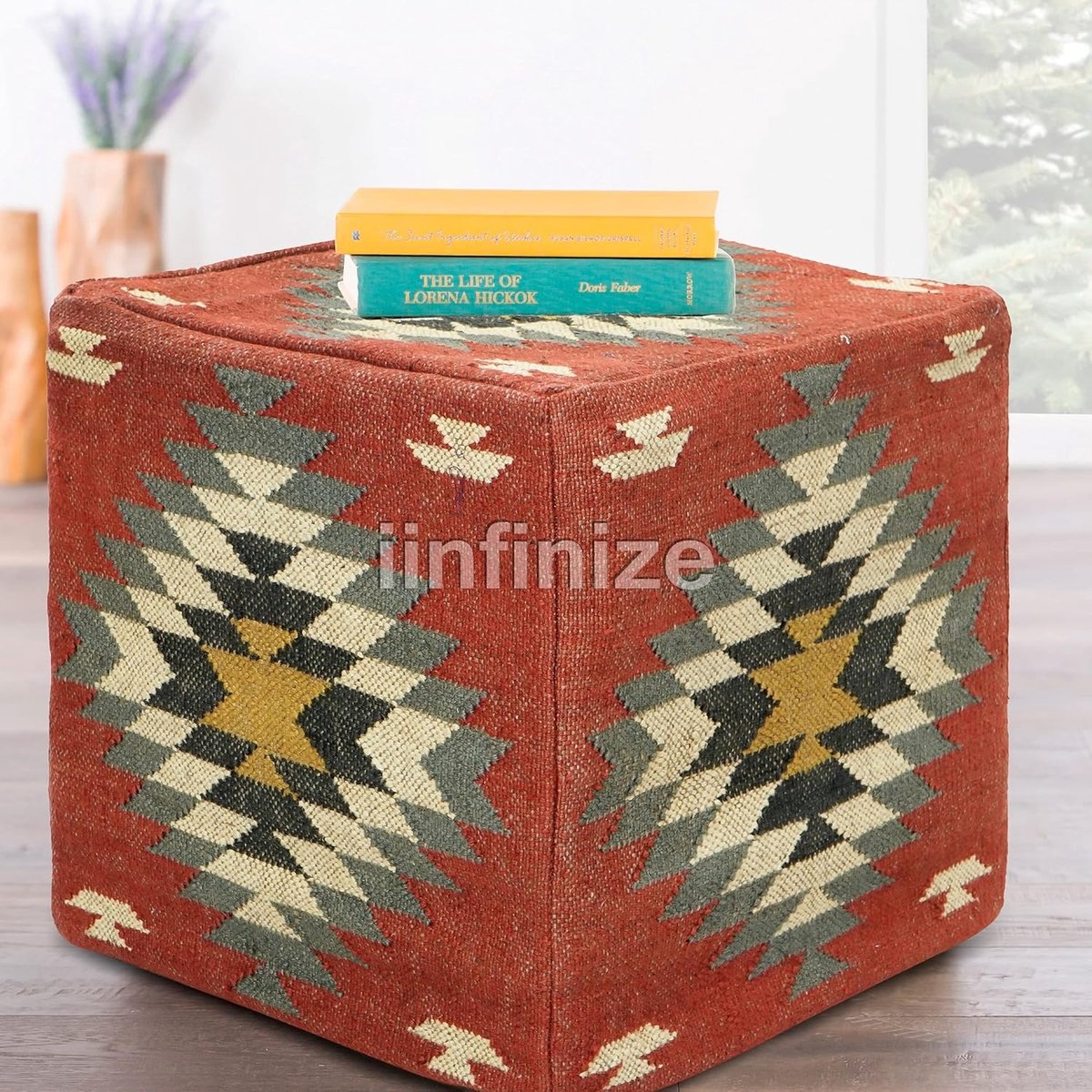 Ottoman pouf cover 45x45cm - handgeweven wol-jute - kleurrijk design - perfect als voetensteun - SnelShoppen