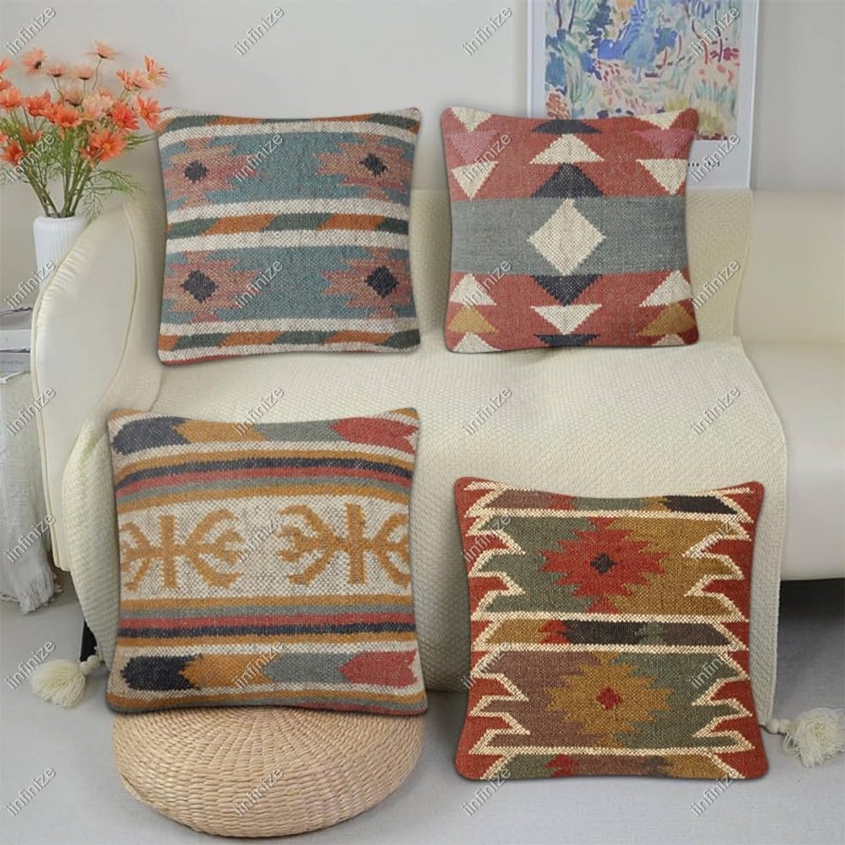 Kussensloop 45x45 cm - Handgeweven wol-jute - Ethnisch vintage design - Bohemian decoratie - SnelShoppen