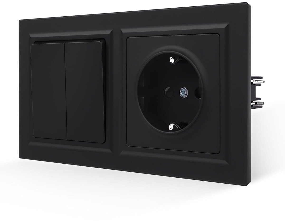 Stopcontact met lichtschakelaar, zwart, 2-voudig, 1-weg, glad huidgevoel met steekklem, 16 ampère, 155 x 84 mm, 250 V (kan niet verticaal worden geïnstalleerd)