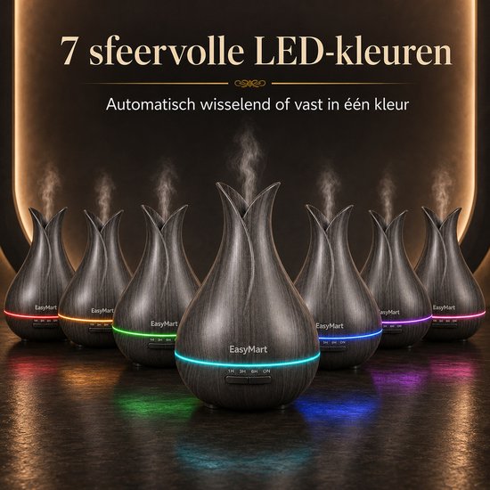 Zeven EasyMart aroma diffusers met donker houtnerf, elk met een andere LED-kleur: rood, oranje, geel, groen, cyaan, blauw en paars.