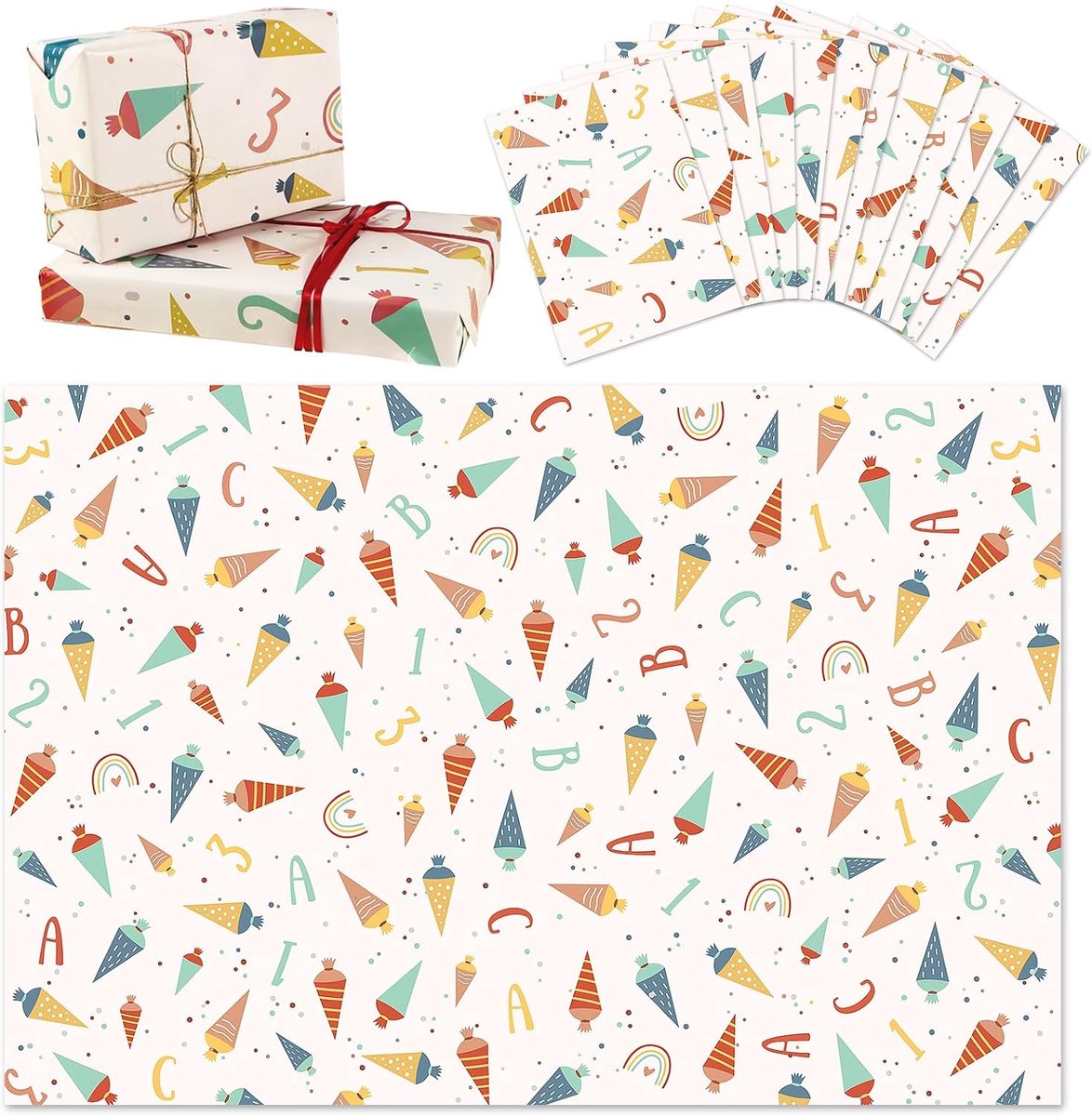 Cadeaupapier voor de eerste schooldag, cadeau voor kinderen, inslagpapier met kleurrijke ontwerpen van 70 x 50 cm, hoogwaardig cadeau voor de eerste schooldag, decoratie voor jongens en