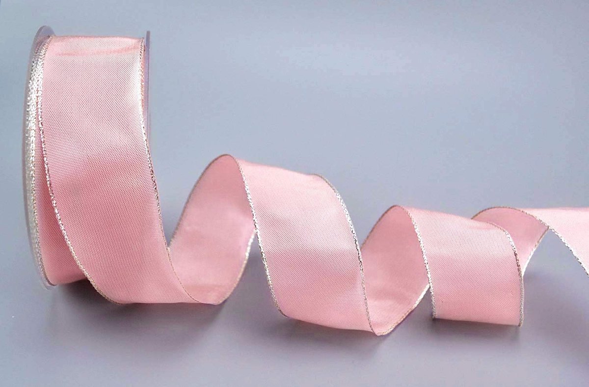 25 m x 40 mm Dekoband "Fairy Tale" ROSA ZILVER draadrandband met Lurex metaalgaren lint gouden rand zilveren rand cadeaulint Kerstmis stoffen lint metallic glanzend