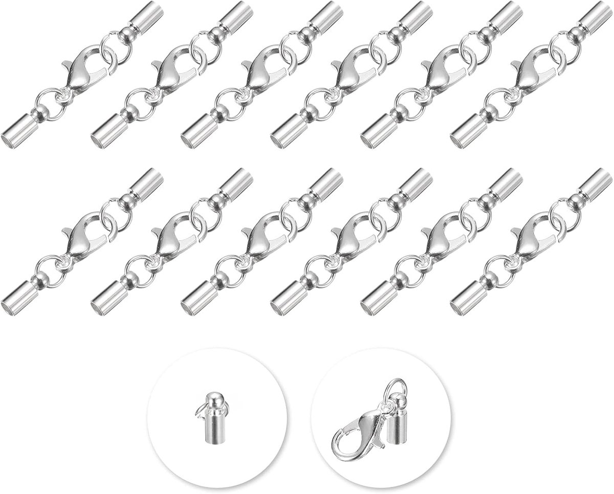 sourcing map 20 set 3 mm lederen koord eindkappen met kreeftsluiting klemmen cilinder eindstukken voor doe-het-zelvers maken lederen armbanden zilverkleurig