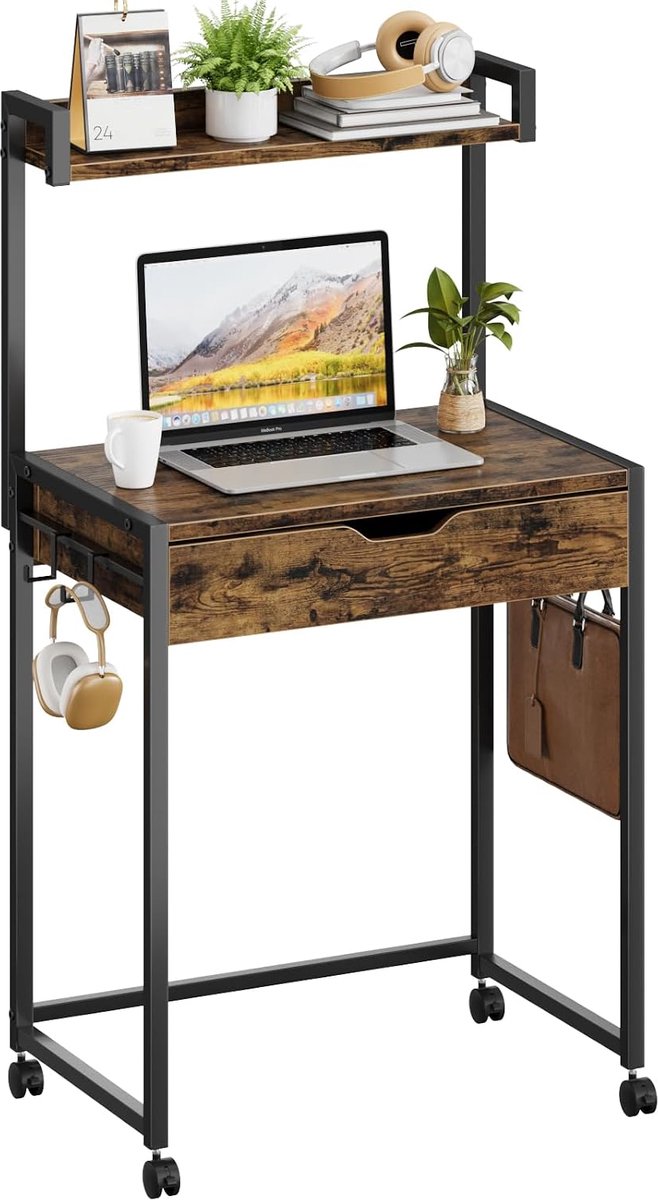 Kleine computertafel 64 cm met opbergruimte en laden, geschikt voor werkkamer, slaapkamer, woonkamer en compacte ruimtes (zwart)