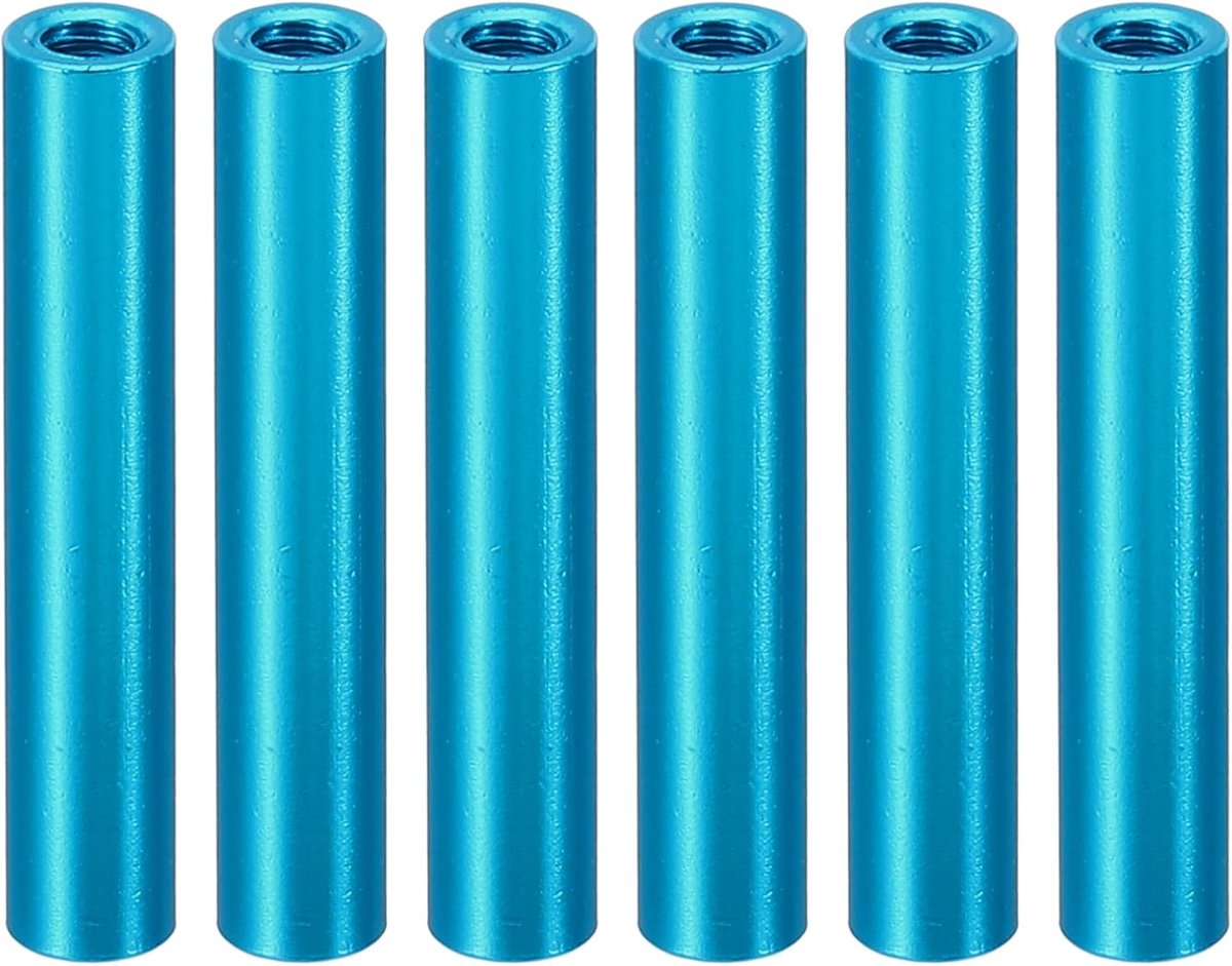 6 stuks M3 metalen draadbussen, ronde aluminium afstandsbussen vrouwelijke koppelschroeven, 3,2 mm ID x 4,8 mm OD, blauw, (27 mm L)