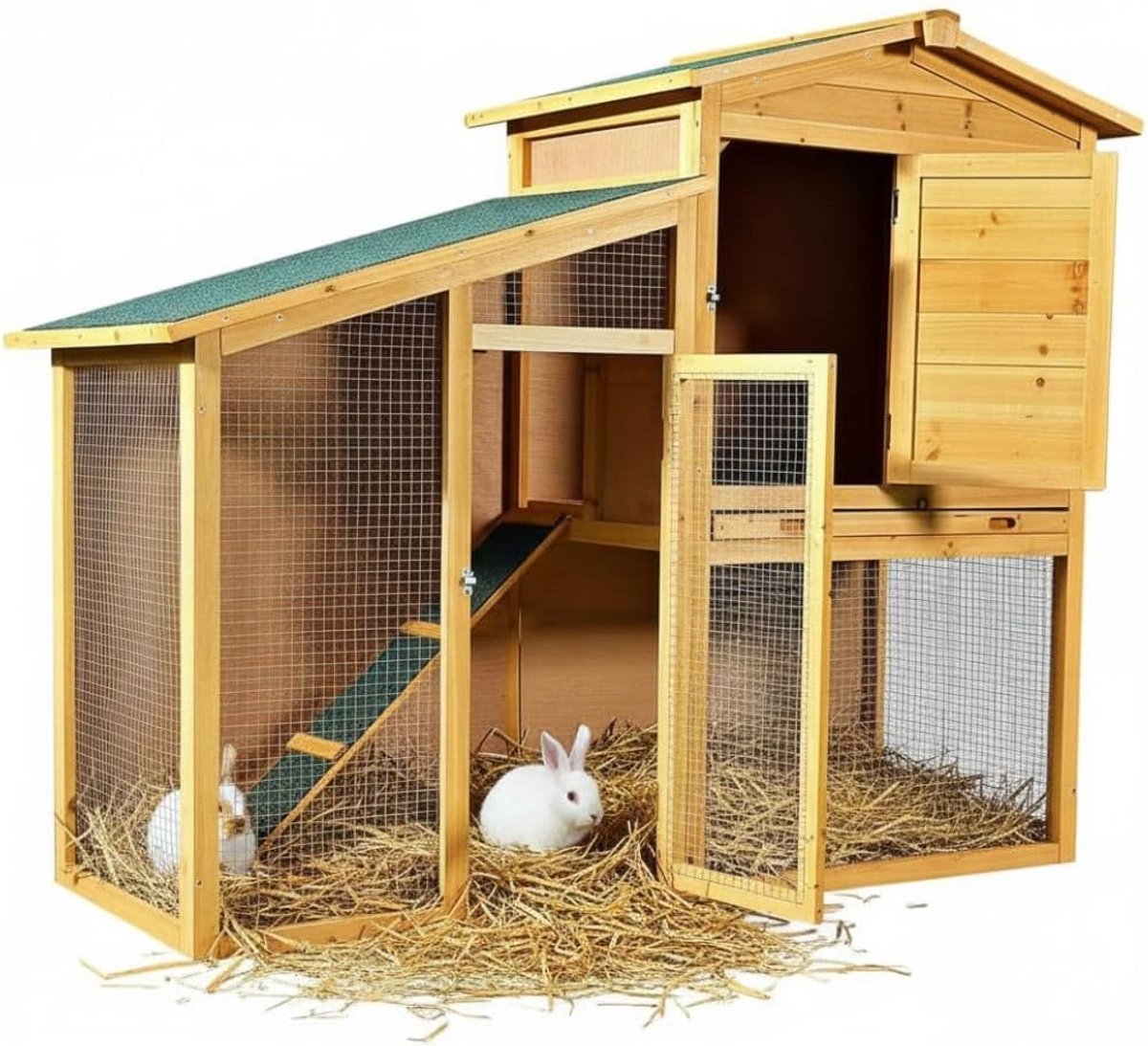 Konijnenhok XXL voor kleine huisdieren met vrijloophok, ca. 140 x 115 x 60 cm, van hout, incl. 1 helling