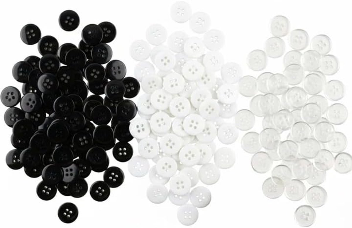 Knopen, 4 gaten, 15 mm kunstharsknop, transparant, zwart, wit, voor kleding, naaien en doe-het-zelfprojecten