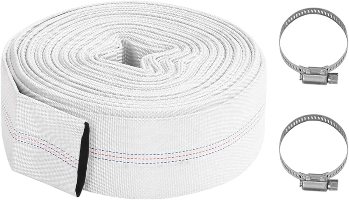 Brandblusslang, irrigatieslang, platte slang, waterslang, industriële slang, afvalwaterslang, tuinslang met 2 slangklemmen, 30 m diameter: 76 mm, pvc, wit
