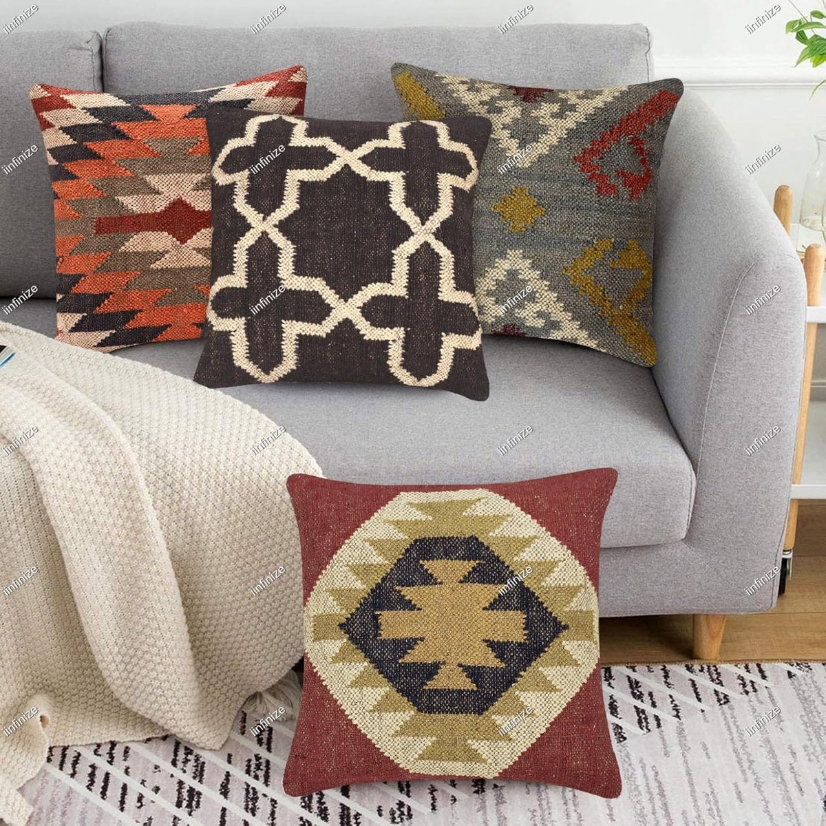 Kussenhoes set van 4 - 45x45 cm - Wol-Jute - Handgeweven kilim ontwerp - Decoratief voor de eetkamer - SnelShoppen