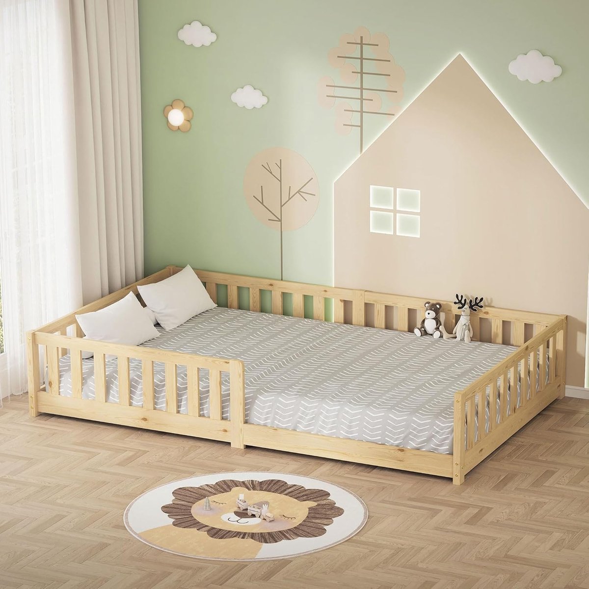 Kinderbed 120x200 cm naturel Vloerbed voor Kinderen met stevig Lattenbodem en Valbeveiliging Massief Grenenhouten Juniorbed Peuterbed Babybed Eenpersoons Bedframe voor Jongens en Meisjes