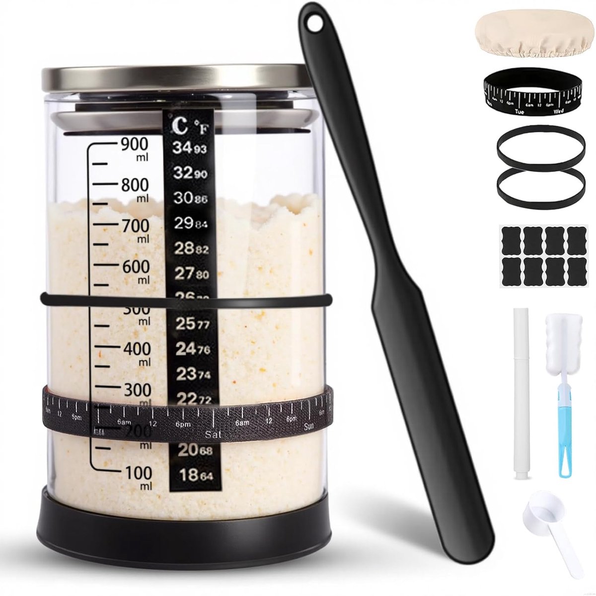 Charme Zuurdeeg Starter Kit 1000 ml Fermenteerglas met Spatel, Aanzetgoed, Glazen Container