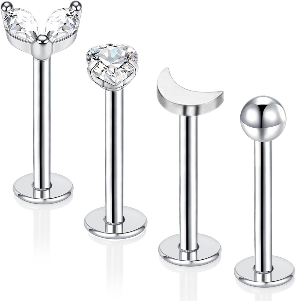 4 lippiercings, 10 mm, labret, helix, mannelijk, 1,2 mm, lippiercing, kraakbeen, tragus, onderlip, studs, zilver, goud