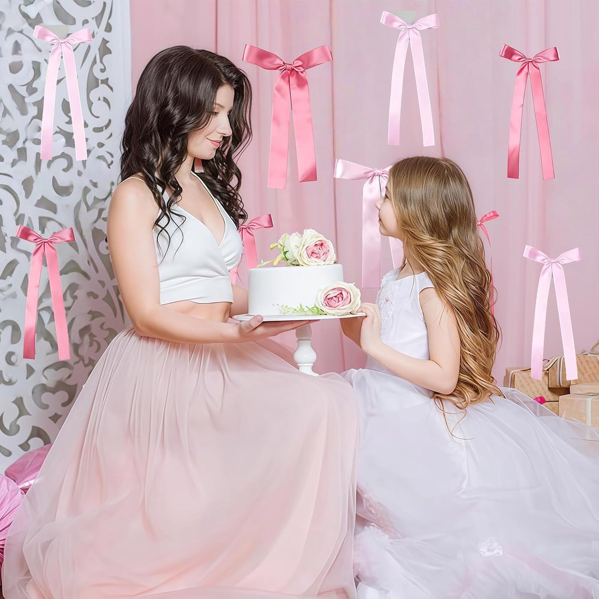 12-delige Roze Decoratieset voor Verjaardag, Satijnen Strikken Feestdecoratie in 2 Maten, Strikdecoratie voor Bruiloft, Vrijgezellenfeest, Babyshower en Verjaardagsdecoratie