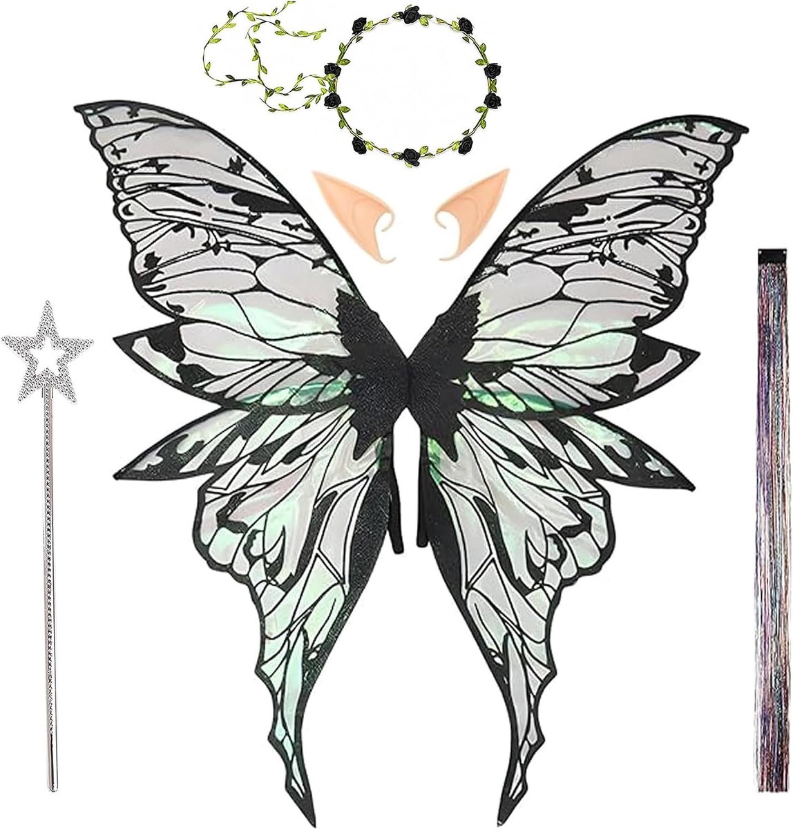 Vlindervleugels met elfenoren, prinsessenvleugels, vlindervleugelkostuum, fee hoofdband en sterren, feeënstaven, elfenoren, voor carnaval, Halloween, kostuum, cosplay (zwart)