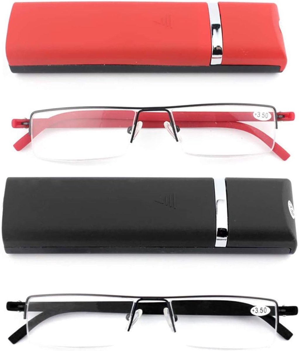 Ultralichte TR90 leesbril voor dames en heren, klassieke metalen zichthulp, halve bril, smalle stijl, leeshulp met etui en brillenpoetsdoek
