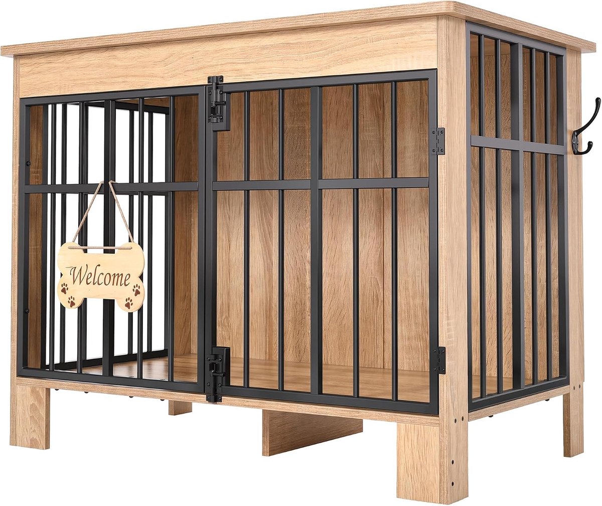 Houten hondenkrat meubels 85cm, dubbele deur, hout | Beenvormige welkomstplaque, zijhaak, dubbele grendel, indoor kennel einde bijzettafel, voor kleine middelgrote honden