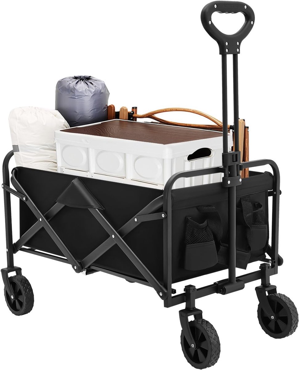 Bolderkar, 80 kg draagvermogen, handwagen met verstelbare handgreep en zijzakken, tuinwagen, strandwagen voor kamperen, winkelen en alle terreinen, zwart
