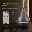 EasyMart aroma diffuser met donker houtnerf, met afstandsbediening voor bediening van licht, nevel en timer.