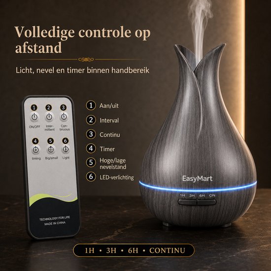 EasyMart aroma diffuser met donker houtnerf, met afstandsbediening voor bediening van licht, nevel en timer.