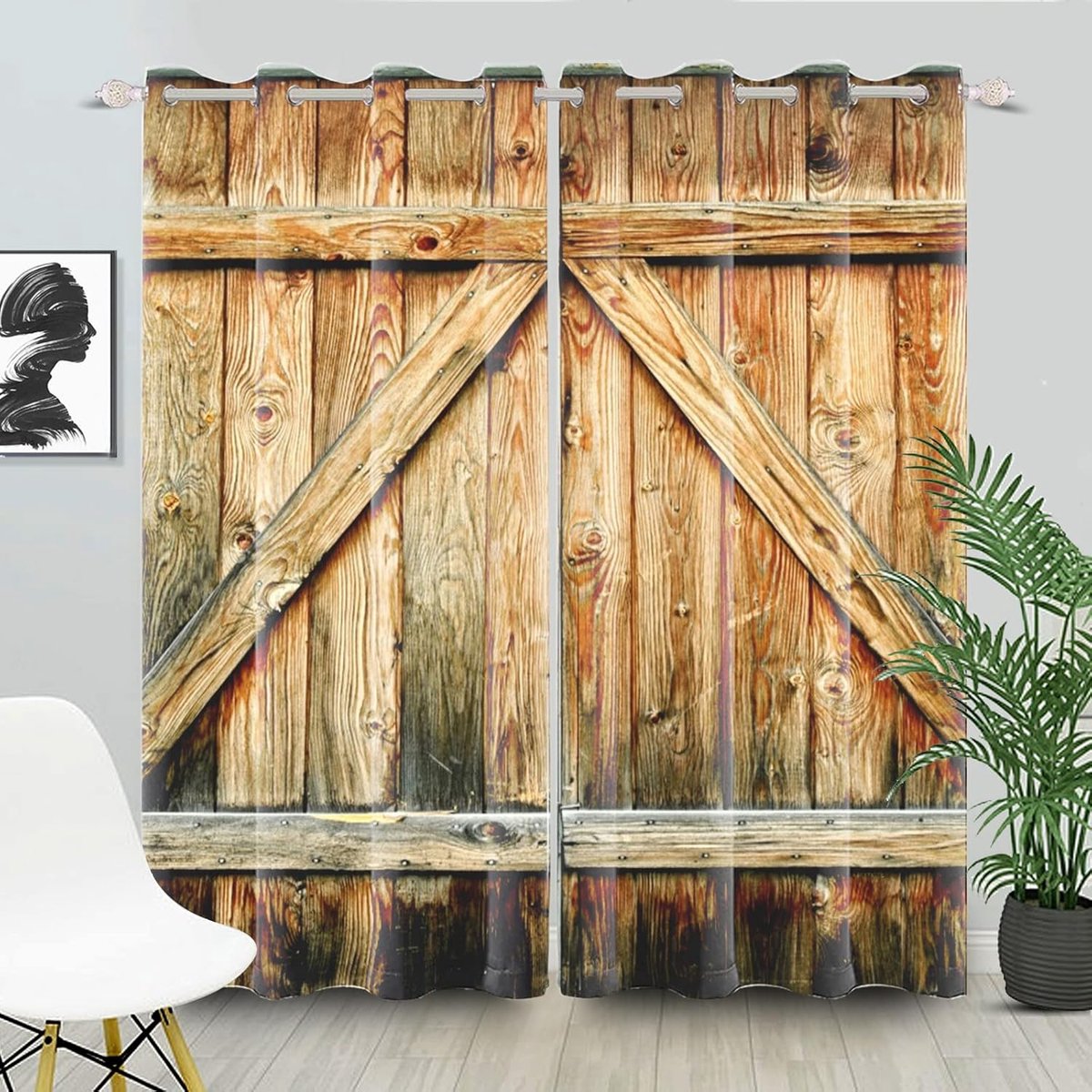 Landelijke houten raamgordijnen bruin houten schuur deur plank raamgordijnen westerse boerderij raambekleding voor woonkamer slaapkamer decor verduisteringsgordijn, 2 panelen