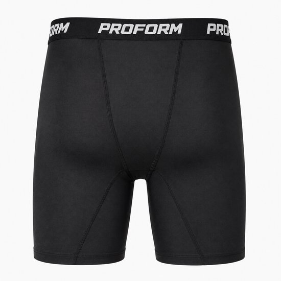 Achterkant zwart compressie slidingbroekje voor heren met wit Proform logo op de tailleband.