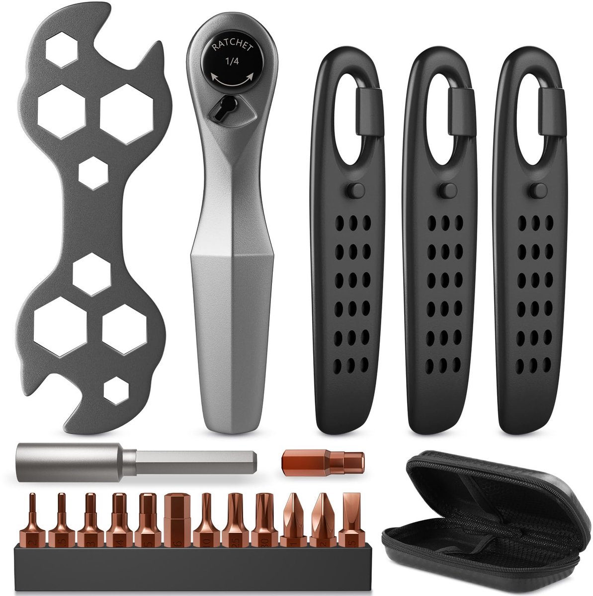 Mini Fiets Ratelsleutelset 1/4 Inch - 13-Delige Multifunctionele Fietsgereedschapsset met 72-Tands Mini Ratel, Verlengstang en 3 Bandenlichters - Compacte Reparatieset voor Fiets Onderhoud, Montage en Reparatie