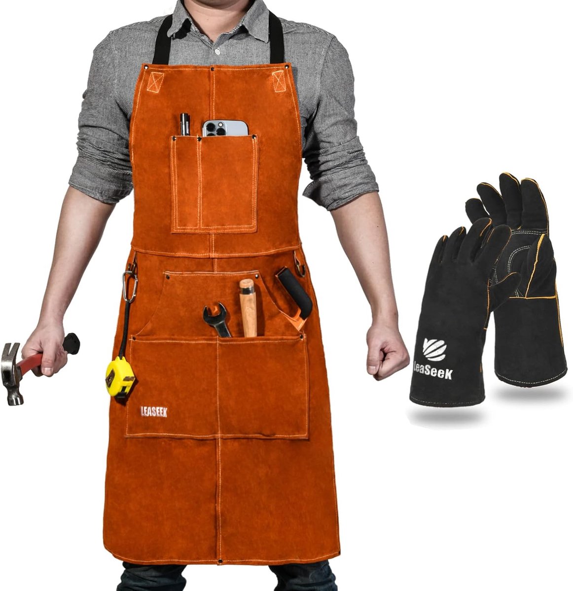 Leren Las Schort - Warmtebestendig & Vlamvertragend - Extra Groot met 6 Zakjes - ShopVlot